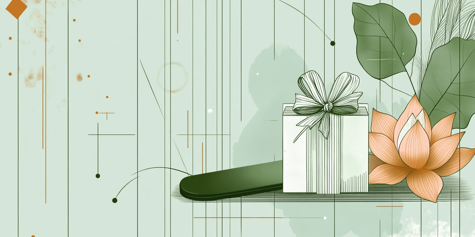 Illustration d'une carte cadeau avec feuilles et noeud vert sauge