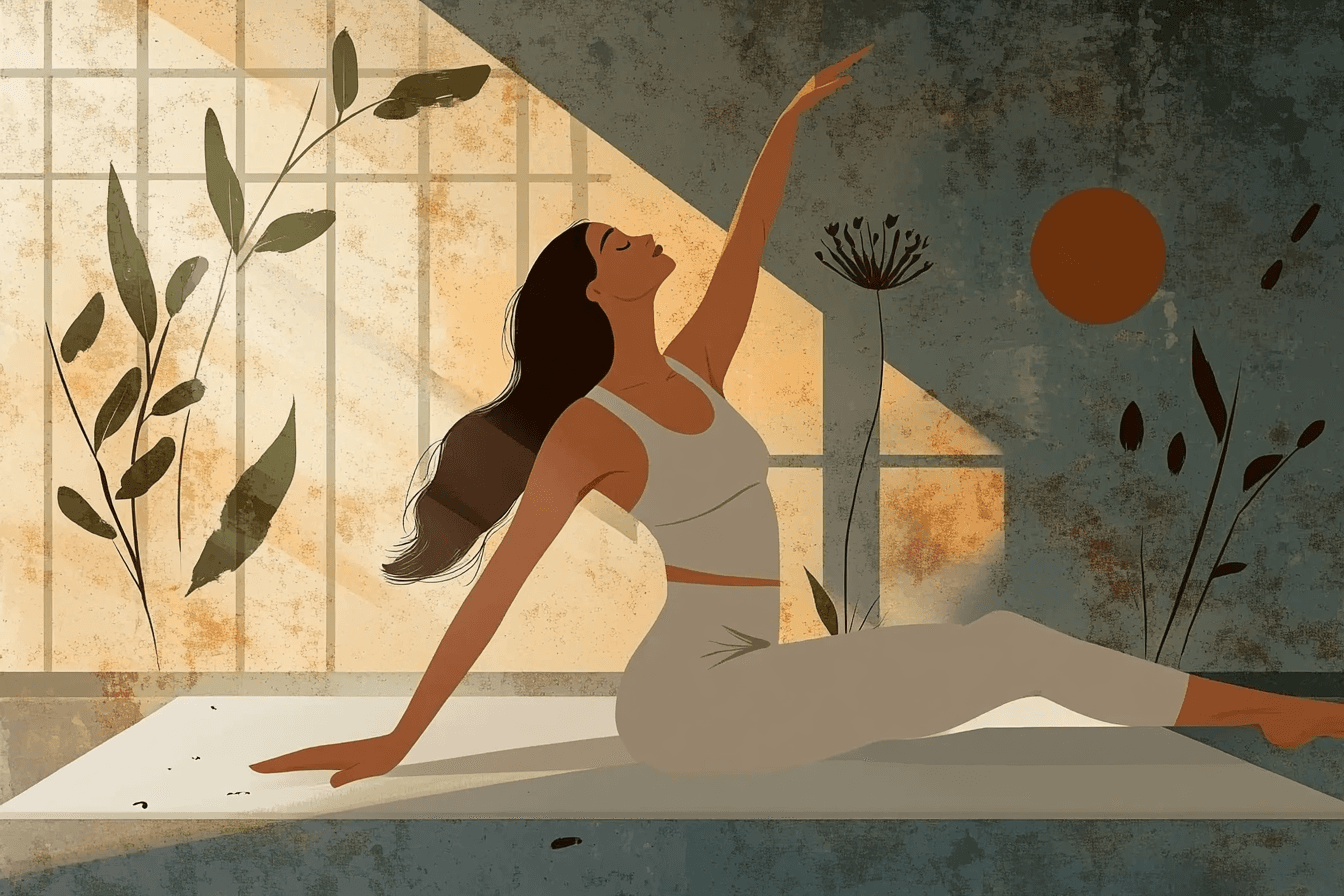 Illustration artistique d'une silhouette pratiquant le Pilates face à l'océan